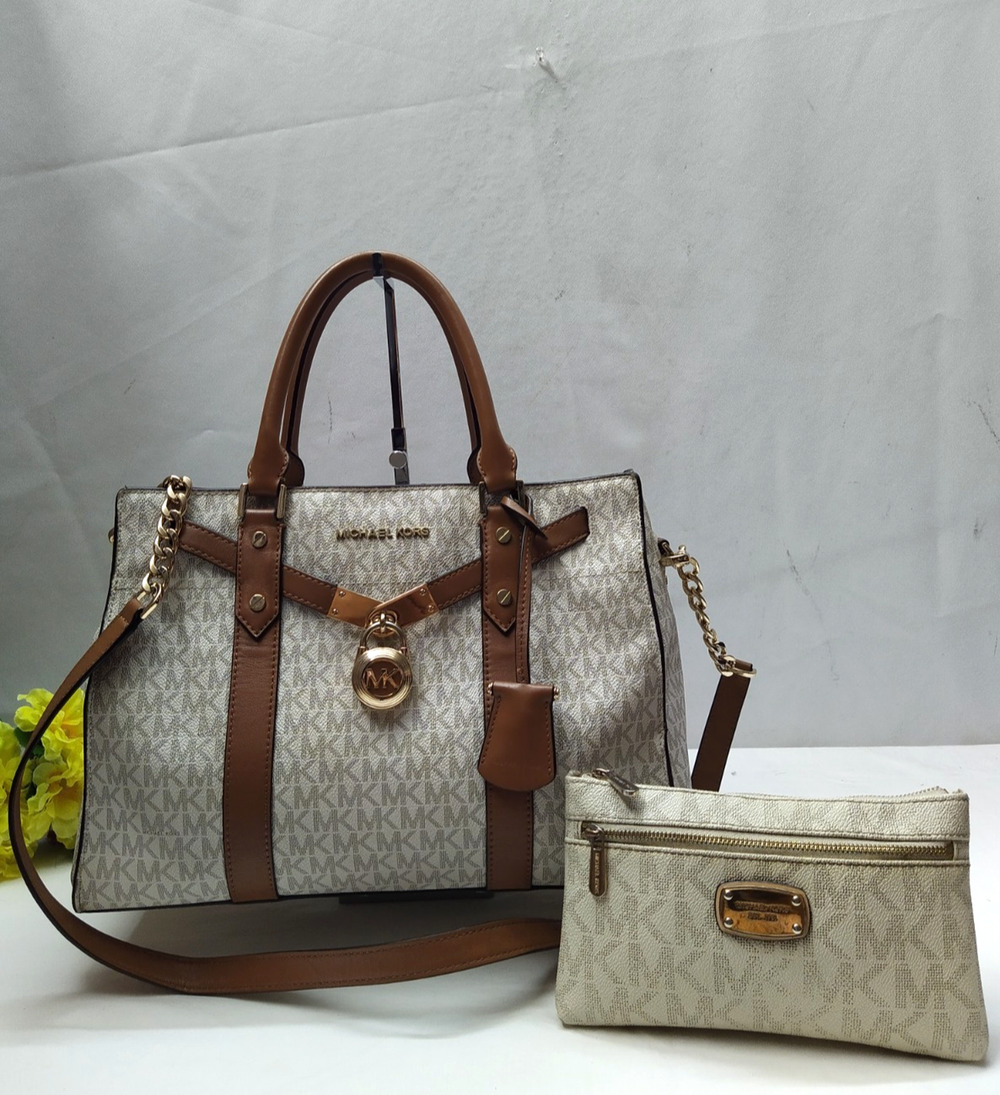 Michael Kors Nouveau Hamilton Ivory Leather Double Handles Satchel Bag W/ Wallet